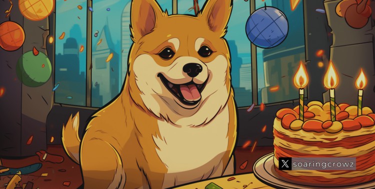Dogecoin(DOGE)经典迷因狗庆祝 18 岁